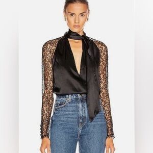 Jonathan Simkhai Black Silk & Lace Long Sleeve Blouse NWT